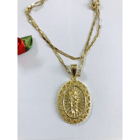 18K Gold Filled Oro Laminado Thin Necklace w/ San Judas Tadeo Oval Religious 23" - Picture 4 of 5